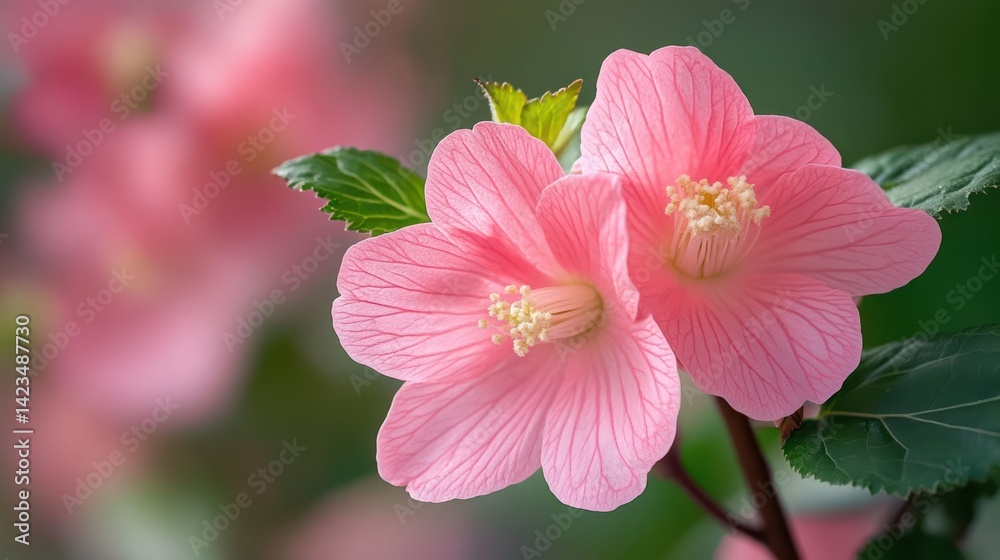 Obraz premium Pink flowers blooming, garden, blurred background, greeting card