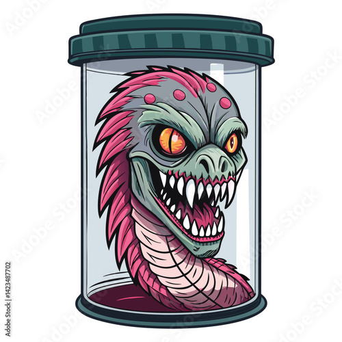 A terrifying close-up of a mutated worm monster's head, showcasing sharp teeth and glowing eyes in a dark, gritty environment.  Details are crucial.