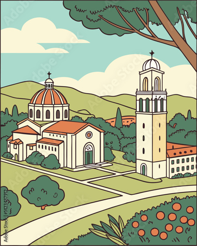 Church in the countryside. Vector illustration in flat style