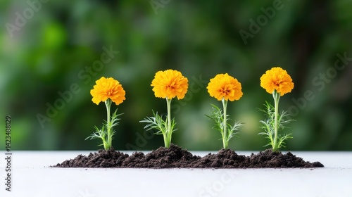 Four vibrant marigold flowers growing in a row of soil, lush green blurred background, and close-up composition showcasing natural beauty and growth.
