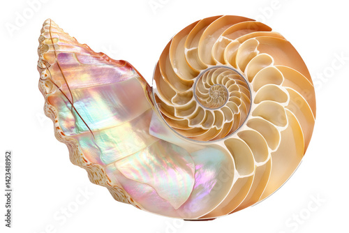 iridescent nautilus, spiral shell, pearlescent surface, 
