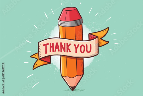 Create a vibrant animation of a giant pencil playfully wrapping itself with a "Thank You" banner.  Focus on cheerful, expressive animation.