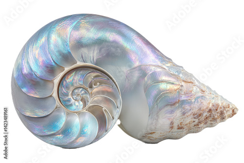 iridescent nautilus, spiral shell, pearlescent surface, 