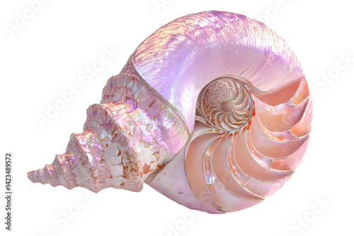 iridescent nautilus, spiral shell, pearlescent surface, 