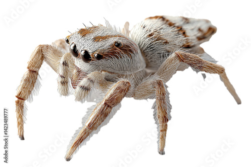 jumping spider with fluffy pedipalps, curious head tilt, engaging gaze, clean 