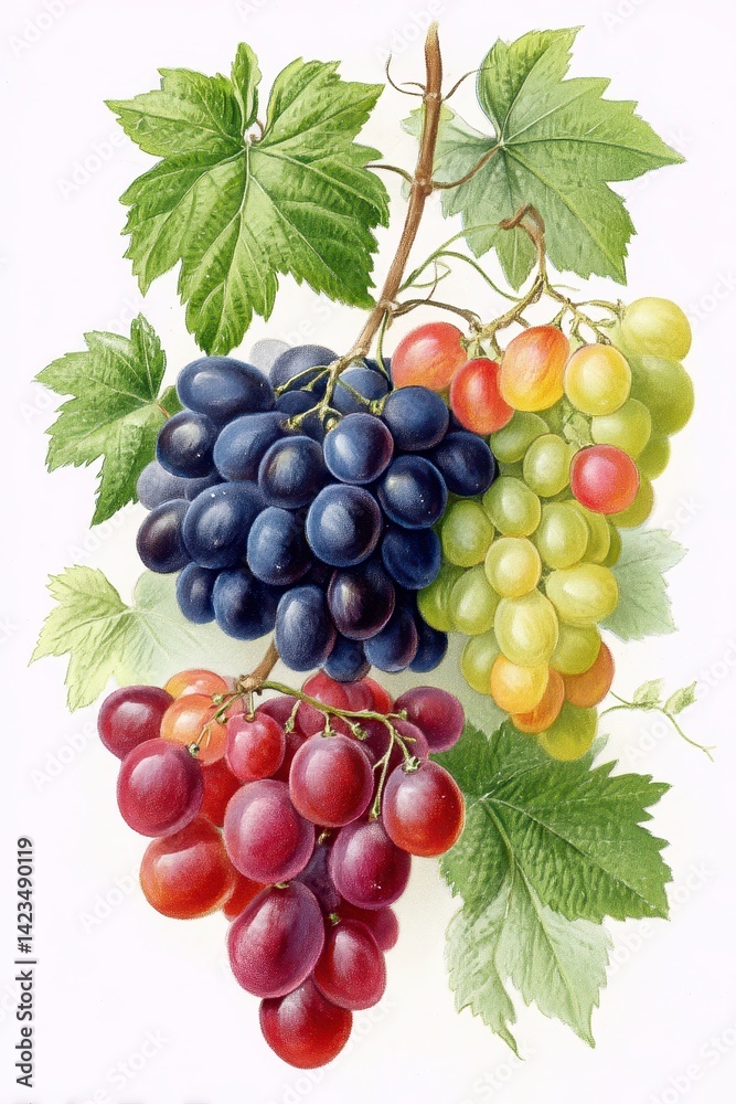 Obraz premium Watercolor Painting of Red, Green and Purple Grapes on Vine