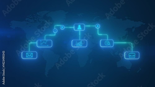 Digital Marketing connection with artificial intelligence job, mail, Stock growth connection link, glowing line with world map background animation.