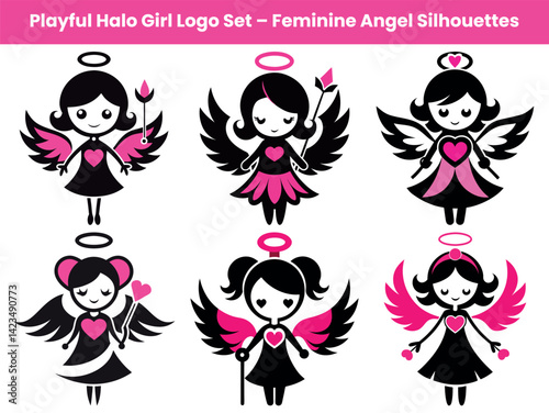 Collection of Cute Angel Girls, Black Hair, Pink Wings, Heart Accents, White Background