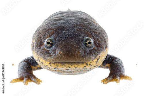 Juvenile mudpuppy with external gills, facing forward, emphasizing its larval characteristics, clean 