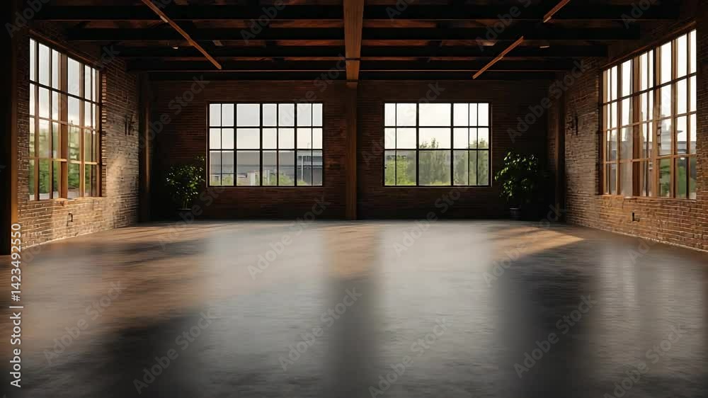 Spacious industrial loft with large windows, natural light streaming in, plants in corners, serene atmosphere Spacious industrial loft with large windows, natural light streaming in, plants in corners, serene atmosphere