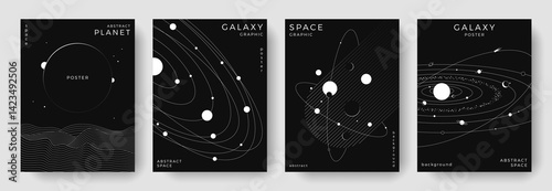 Set of abstract space astronomy backgrounds. Line art galaxy, solar system, planet, black hole. Science future concept. Cosmic minimalist design for cover, poster, layout, banner, flyer, brochure
