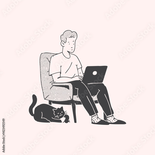 A young man is sitting in an armchair with a laptop and a cat is playing at his feet. Remote work, Freelance. Black and white minimalist illustration. Trendy vector illustration.