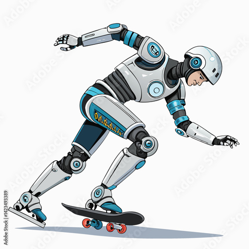 A futuristic robot skateboarder executes a mid-air ollie, showcasing intricate mechanical joints and glowing LED accents.  High-detail, vibrant colors.
