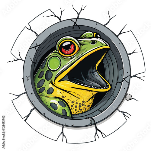 A grotesque, bug-eyed mutant frog head screams from within a dark, cracked earth fissure.  Detailed texture and lighting are crucial.