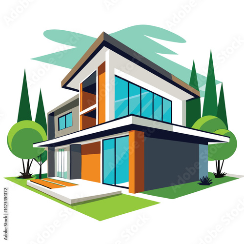 Modern House Exterior Design Illustration with Trees