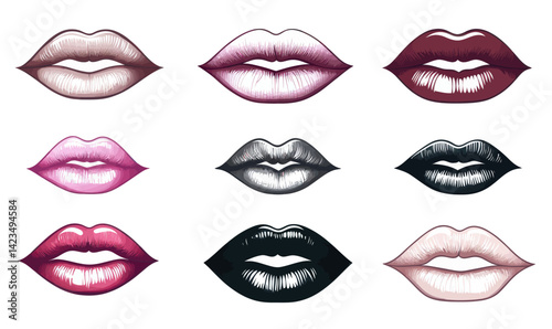 Vector Illustration of Sexy Woman's Lips Expressing Emotions, Stylish 3D Design Collection