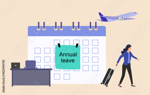 Annual leave relaxation holiday concept vector illustration. Annual leave text on sticky note on calendar. Businessman with baggage on vacation.