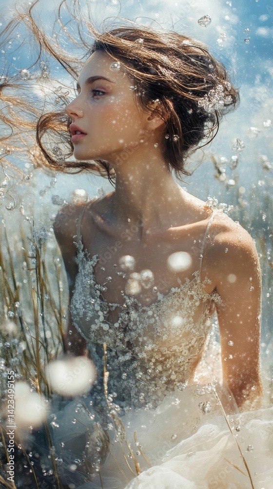 Obraz premium Ethereal underwater portrait of a woman in a delicate gown surrounded by bubbles and aquatic plants