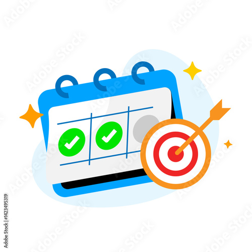 flat illustration of daily goal tracking with calendar, check mark, and target dartboard. for productivity apps, habit tracker, personal growth, motivation, and time management concepts