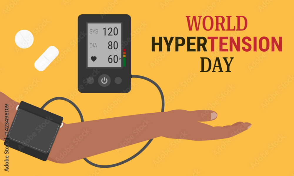 World hypertension day awareness vector illustration featuring a blood pressure monitor connected to an arm with a blood pressure cuff