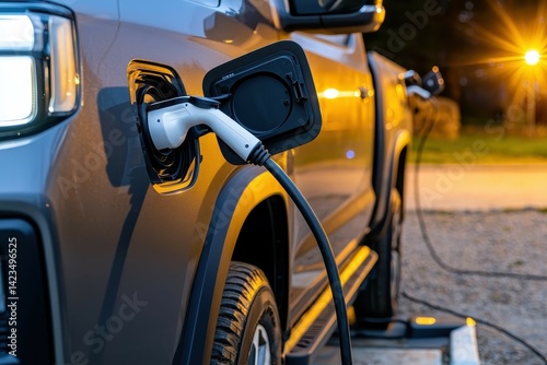 Electric pickup truck charging outdoors in a utility setting, showcasing modern eco-friendly technology.