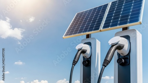 Solar panels installed above electric vehicle charging stations for renewable energy use.