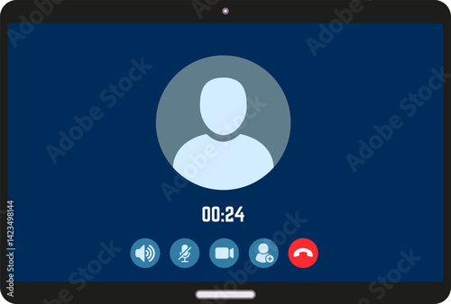 Laptop screen showing a video call interface with participant icon and action buttons.