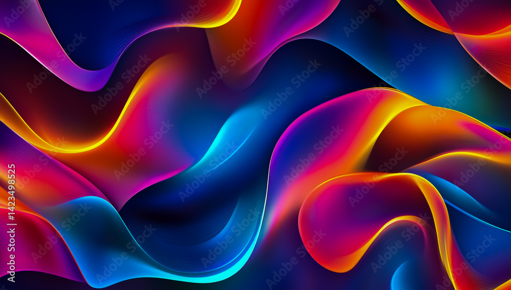Obraz premium Abstract background featuring vibrant waves of light, flowing gradient colors, dynamic curves and lines set against a dark blue background with light bright accents and smooth transitions.