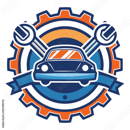 Reliable vector logo for an auto repair shop featuring a car, wrenches, and a gear design with vibrant colors for branding and marketing purposes