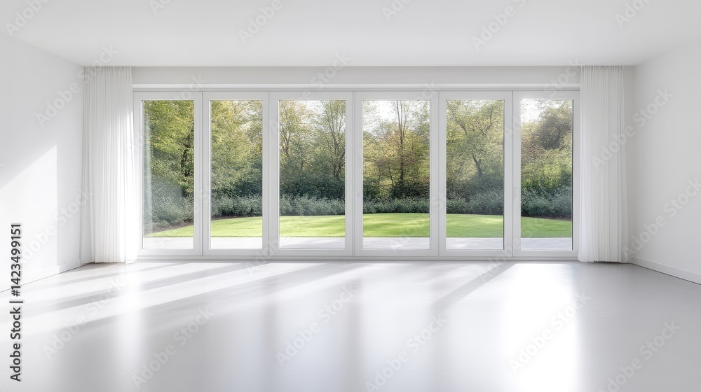 Obraz premium Bright, empty room with large windows showcasing a tranquil garden