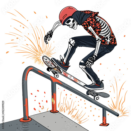 A spooky skeleton figure skateboarding, grinding a rail, with a broken skateboard.  The scene is dark and slightly surreal.