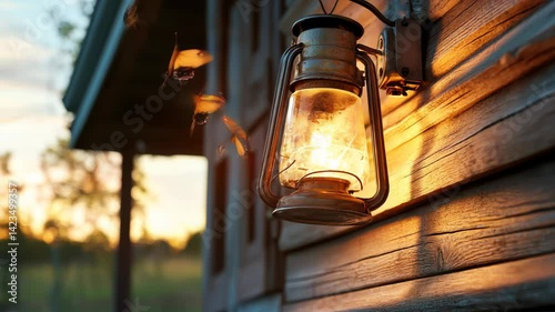 A close-up shot of a radiant lantern hanging from an aged wooden porch, with a moth dancing near its soft golden luminescence