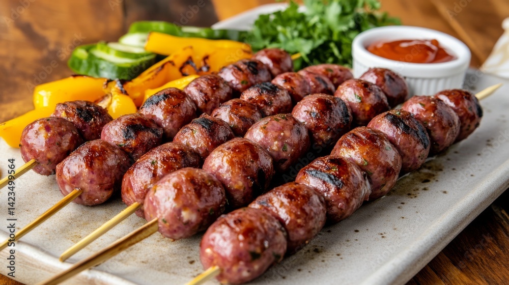 A colorful image of mini sausages arranged on skewers, ready for grilling at a summer barbecue, with fresh vegetables and dipping sauces on the side