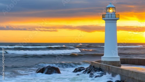Close up of a lighthouse standing tall on a rocky shore, waves crashing below, golden sunset casting a dramatic glow