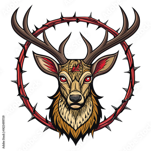 A grotesque deer monster head, stitched together, with a cracked and broken antler, rendered in dark, gritty detail.  Focus on texture and unsettling realism.
