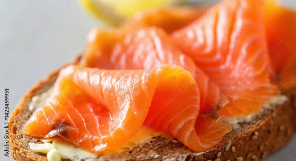 Close-up of fresh sliced smoked salmon on whole grain bread with butter Close-up of fresh sliced smoked salmon on whole grain bread with butter