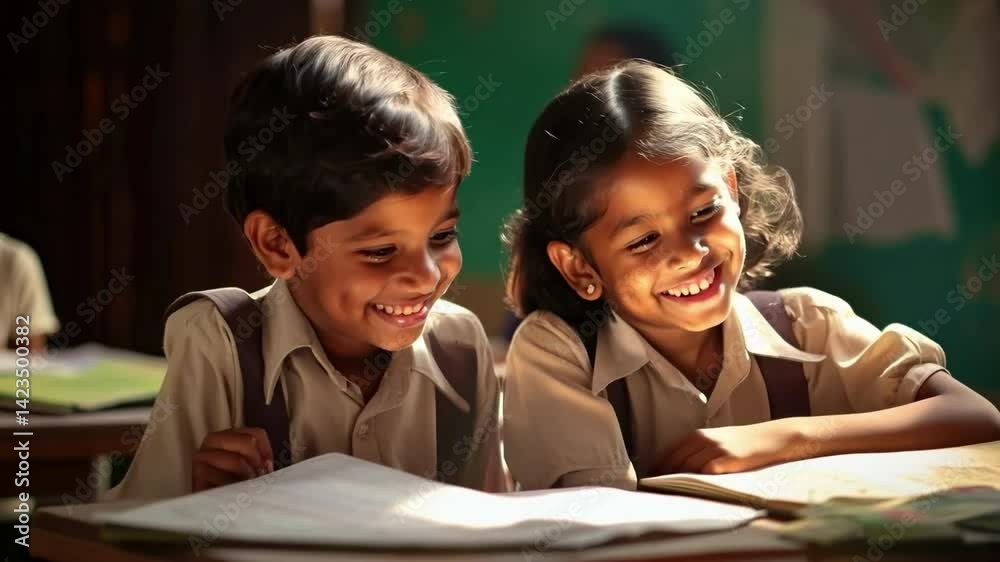 A heartwarming video still of two smiling children in school uniforms, captured at eye level, highlighting joy and friendship in a classroom setting. A heartwarming video still of two smiling children in school uniforms, captured at eye level, highlighting joy and friendship in a classroom setting.