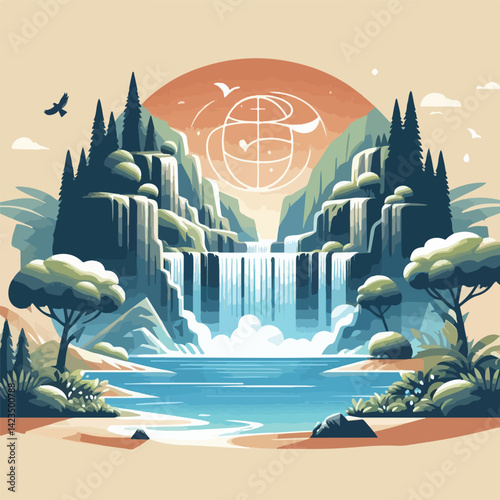 beautiful waterfall scenery vector image