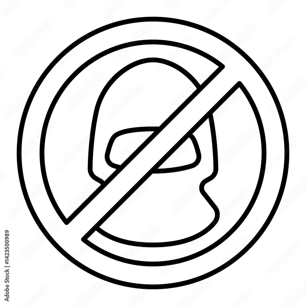 Bandit head forbidden thin line icon, stop war concept. Vector graphics. Men hat prohibited sign on white background, linear style for mobile or design. Bandit head forbidden thin line icon, stop war concept. Vector graphics. Men hat prohibited sign on white background, linear style for mobile or design.