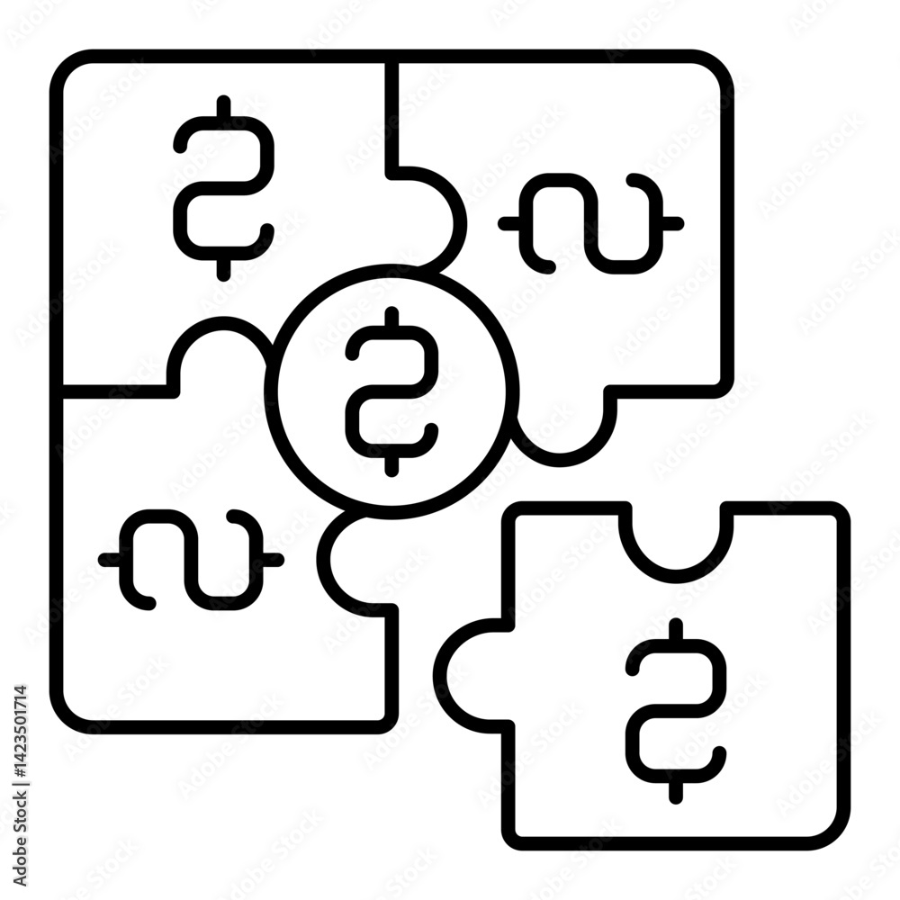 Puzzle pieces with coin thin line icon, money troublei concept. Vector graphics. Money source sign on white background, linear style for mobile or design.