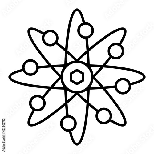 Atom thin line icon, physics concept. Vector graphics. Elements around atom, structure sign on white background, linear style for mobile or design.