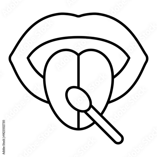 Woman tongue with sample swab thin line icon, genetic research concept. Vector graphics. Genome test swab sign on white background, linear style for  mobile or design.