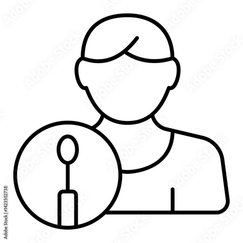 Patient with sample swab thin line icon, genetic research concept. Vector graphics. Person medical test sign on white background, linear style for mobile or design.