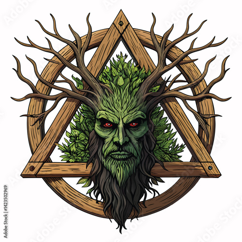 Render a terrifying, gnarled forest monster head; twisted branches form antlers, moss and vines cling to its decaying face.  Focus on grotesque detail.
