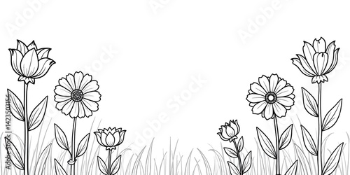 line art cute birds coloring page with garden flower and cartoon birds , tree, black and white art.