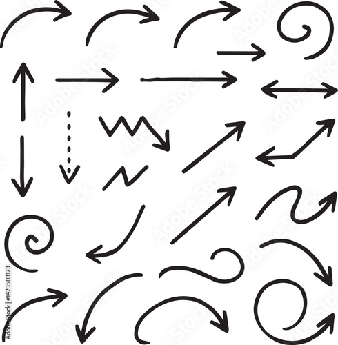 Hand drawn arrow set featuring curved, straight, dotted, and swirled arrows design, arrow vector for creative design, presentations, infographics, and decorative purposes
