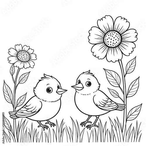 line art cute birds coloring page with garden flower and cartoon birds , tree, black and white art.