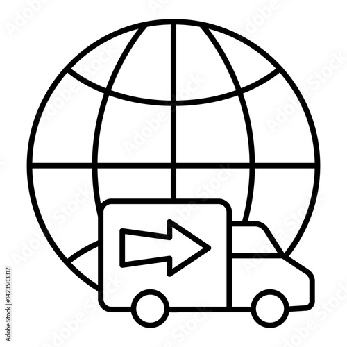World globe with deliverer truck thin line icon, delivery concept. Vector graphics. Delivery transport sign on white background, linear style for mobile or design.