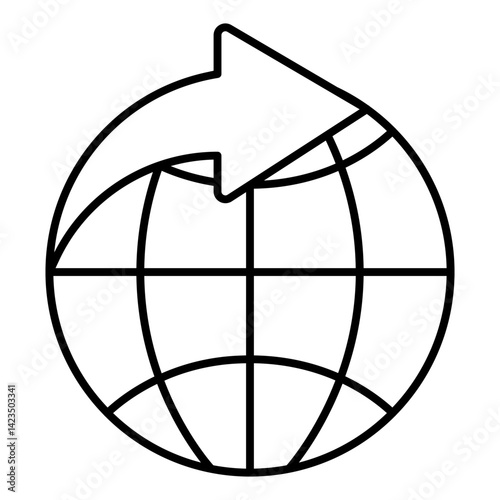Direction arrow with globe thin line icon, delivery concept. Vector graphics. Planet and address, sender sign on white background, linear style for mobile or design.