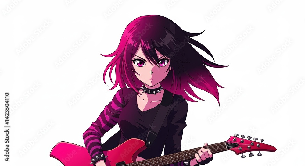 ピンクの髪でギターを演奏する女性のイラスト, コピー スペース付き ピンクの髪でギターを演奏する女性のイラスト, コピー スペース付き